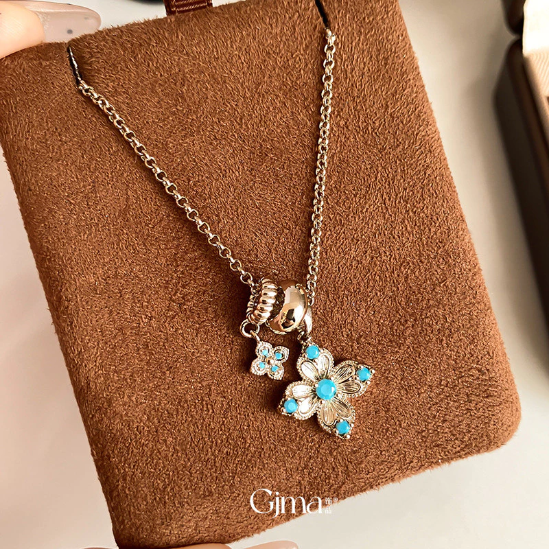 Vòng cổ mặt dây chuyền hoa Zircon xanh phong cách cổ điển kiểu Pháp Vòng cổ tinh tế cao cấp