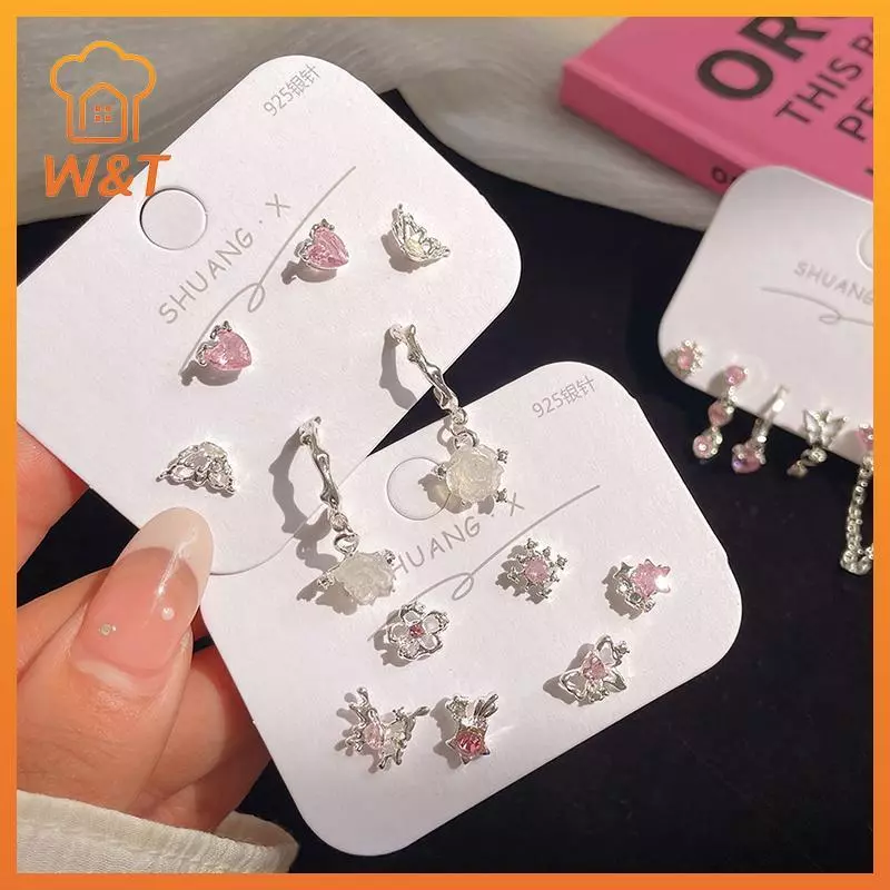 [W & T] 6 Bông tai hình trái tim ngọt ngào thời trang dành cho nữ Cô gái Bông tai khí chất thời trang cá tính Phụ kiện trang sức Quà tặng Mới