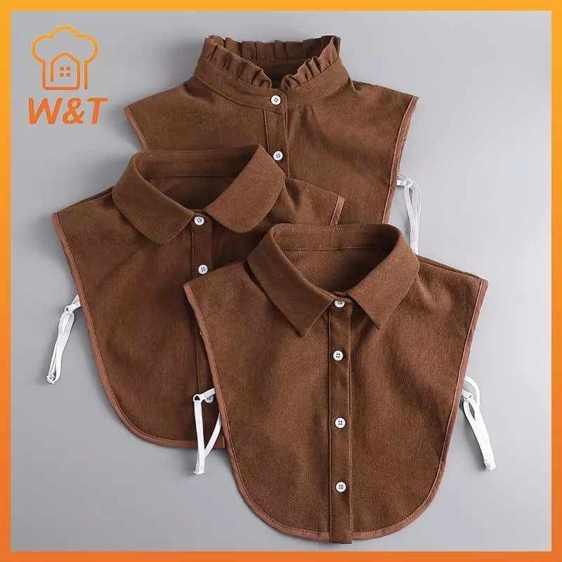 [W & T] Áo sơ mi cổ giả màu nâu cổ điển ấm áp và sành điệu hoàn hảo để xếp lớp Áo sơ mi phong cách cổ điển thông thường, có thể tháo rời Vòng cổ mới