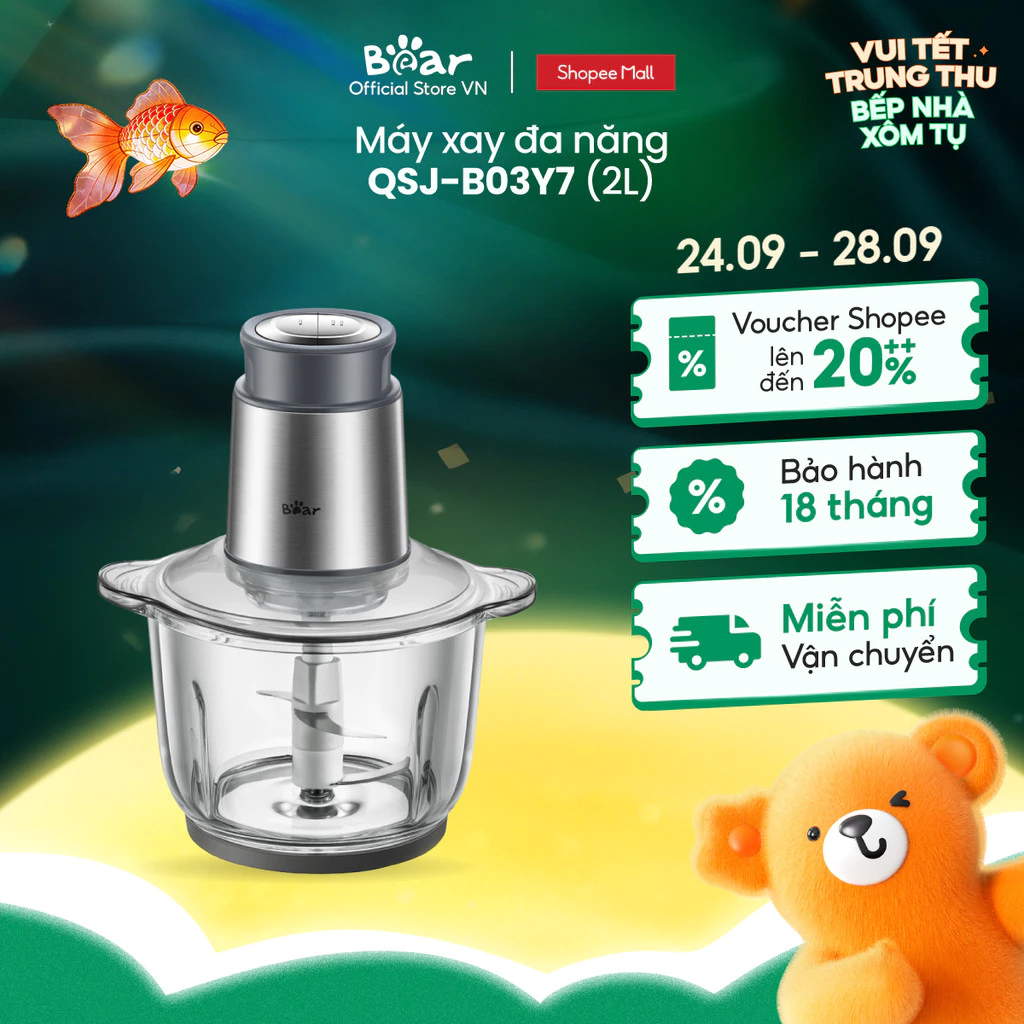 Máy Xay Thịt, Thực Phẩm Đa Năng 2L Bear QSJ-B03Y7 - Hàng Chính Hãng - Bảo Hành 18 Tháng
