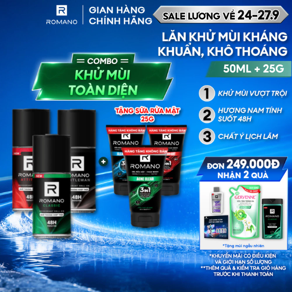 [Tặng Sữa rửa mặt 25g] Lăn khử mùi Romano Khử mùi vượt trội, Hương nam tính suốt 48H 50ml (Tặng mùi ngẫu nhiên)
