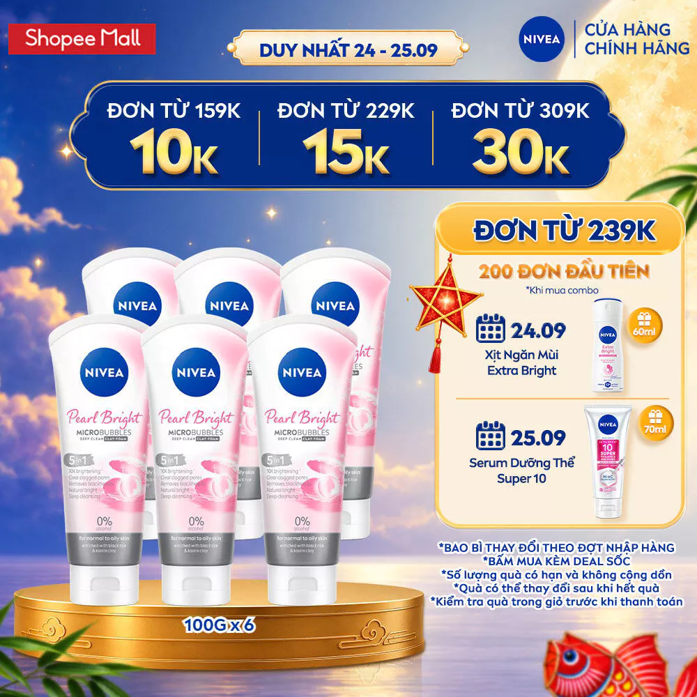 Bộ 6 Sữa Rửa Mặt NIVEA Pearl Bright Đất Sét Dưỡng Sáng Da Ngọc Trai (100 g) - 81273x6