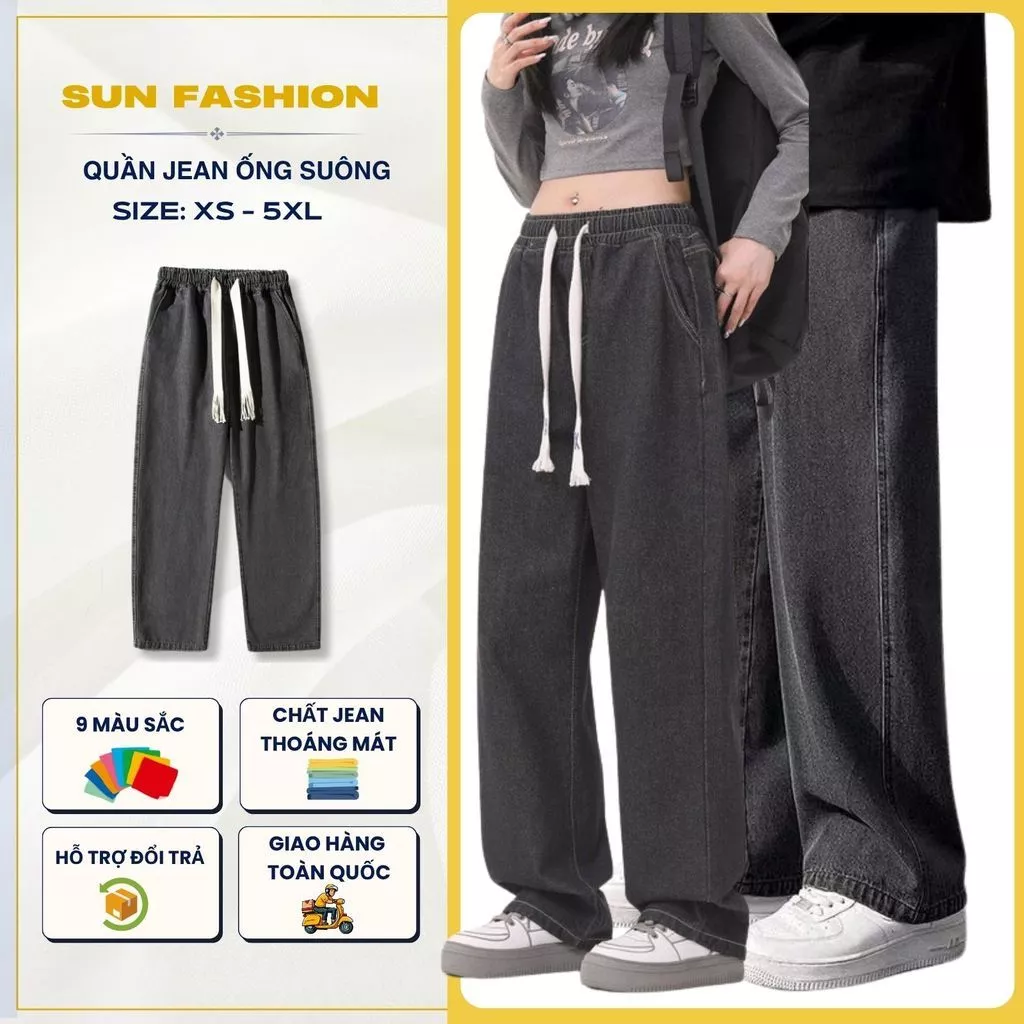 Quần jean nam nữ ống rộng SUN 09 màu KHÓI quần bigsize cạp chun, thoải mái hoạt động, dễ phối đồ