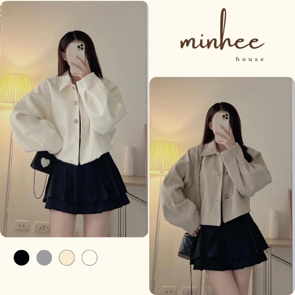 Áo Khoác Dạ Croptop Tay Bồng Minhee Áo Dạ Ép Cổ Bẻ 2 Lớp Dày Dặn T023