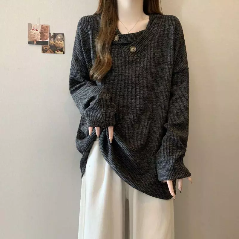 Phụ Nữ Mùa Thu Plus Kích Thước Thời Trang Gân Đan Cổ Chữ V Rời Dài Tay Đế Top