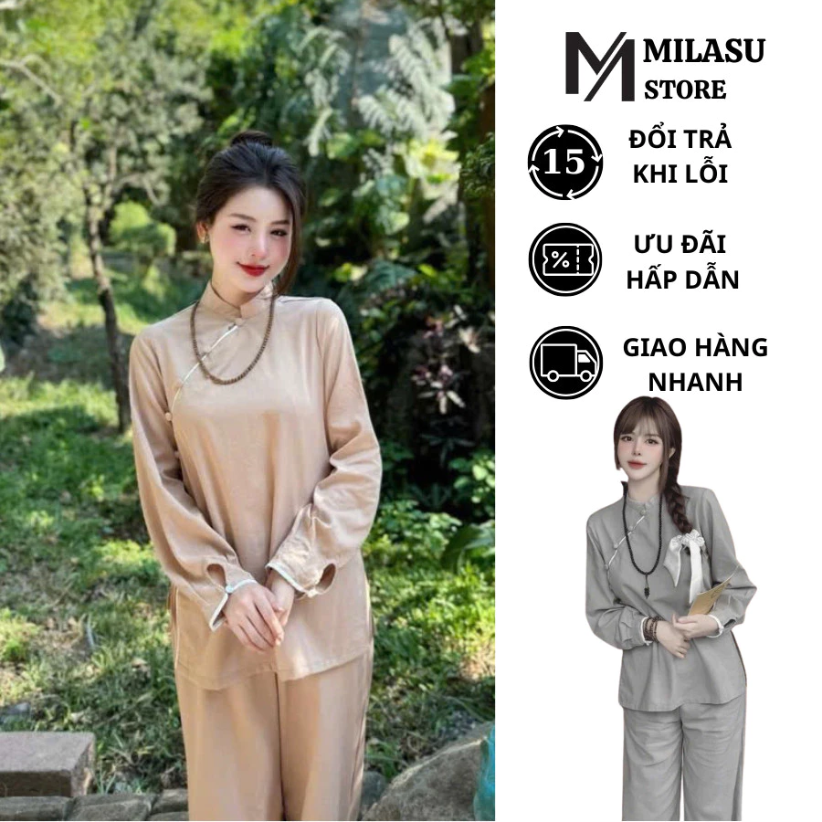Set Lam Đi Chùa - Bộ Pháp Phục Đũi Xước Cúc Chéo Nhẹ Nhàng Thanh Tịnh Mã 308 B20312