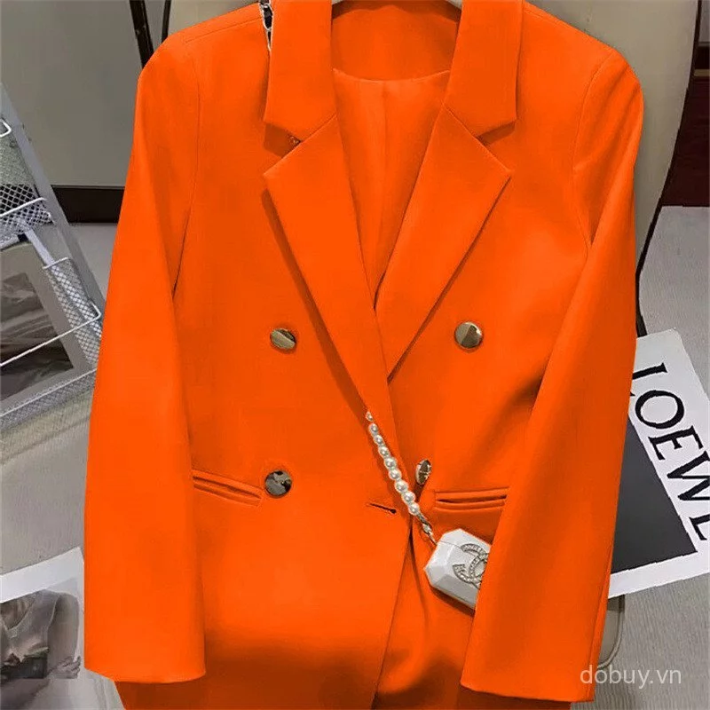 Áo Blazer ngực đôi màu hồng bụi bặm dành cho nữ, áo khoác hai tông màu vàng có nút dáng rộng ngoại cỡ