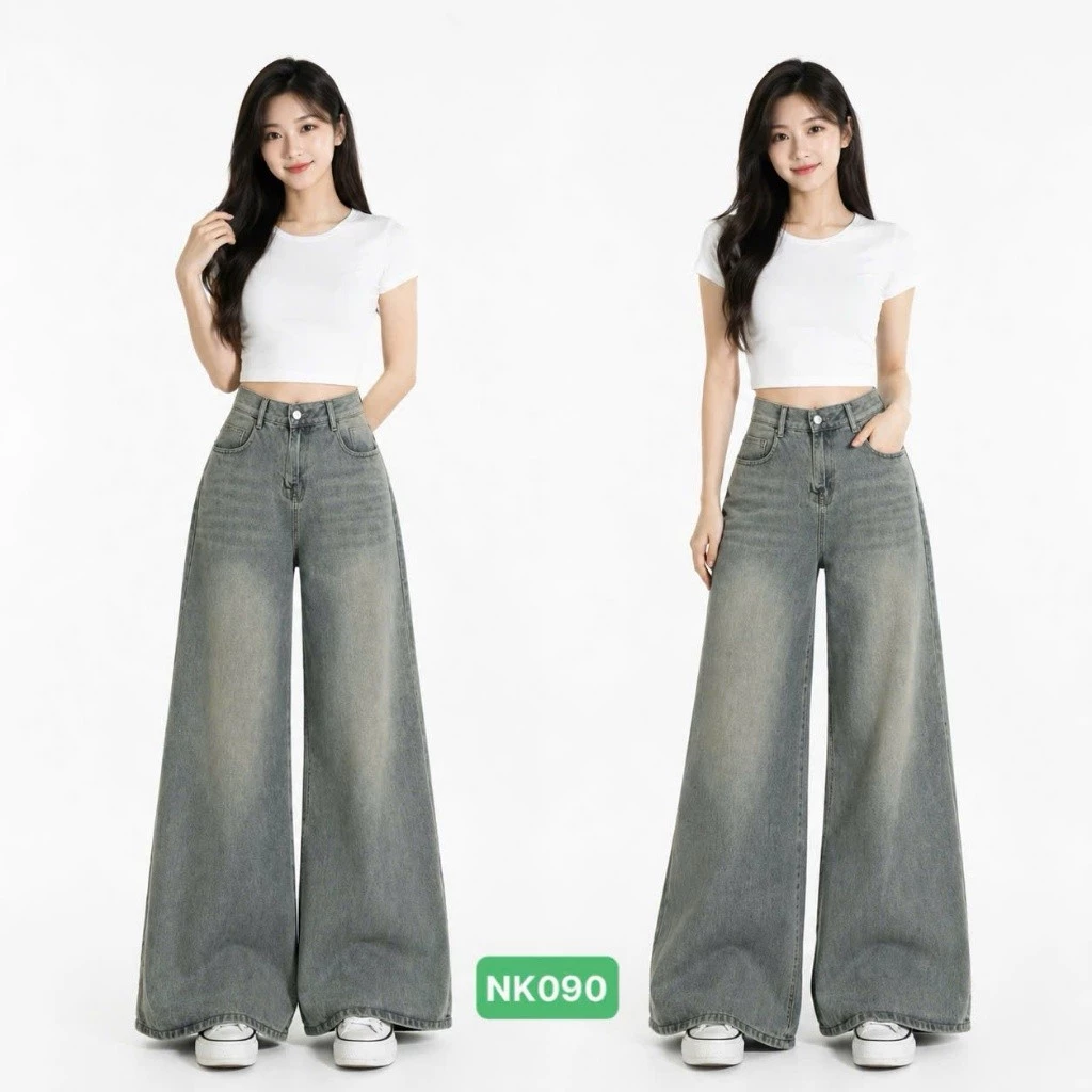 Quần Jean Nữ Ống Rộng Xám Wash   Quần Jean Nữ Suông Rộng Chất Vải Jean Mềm Cao Cấp