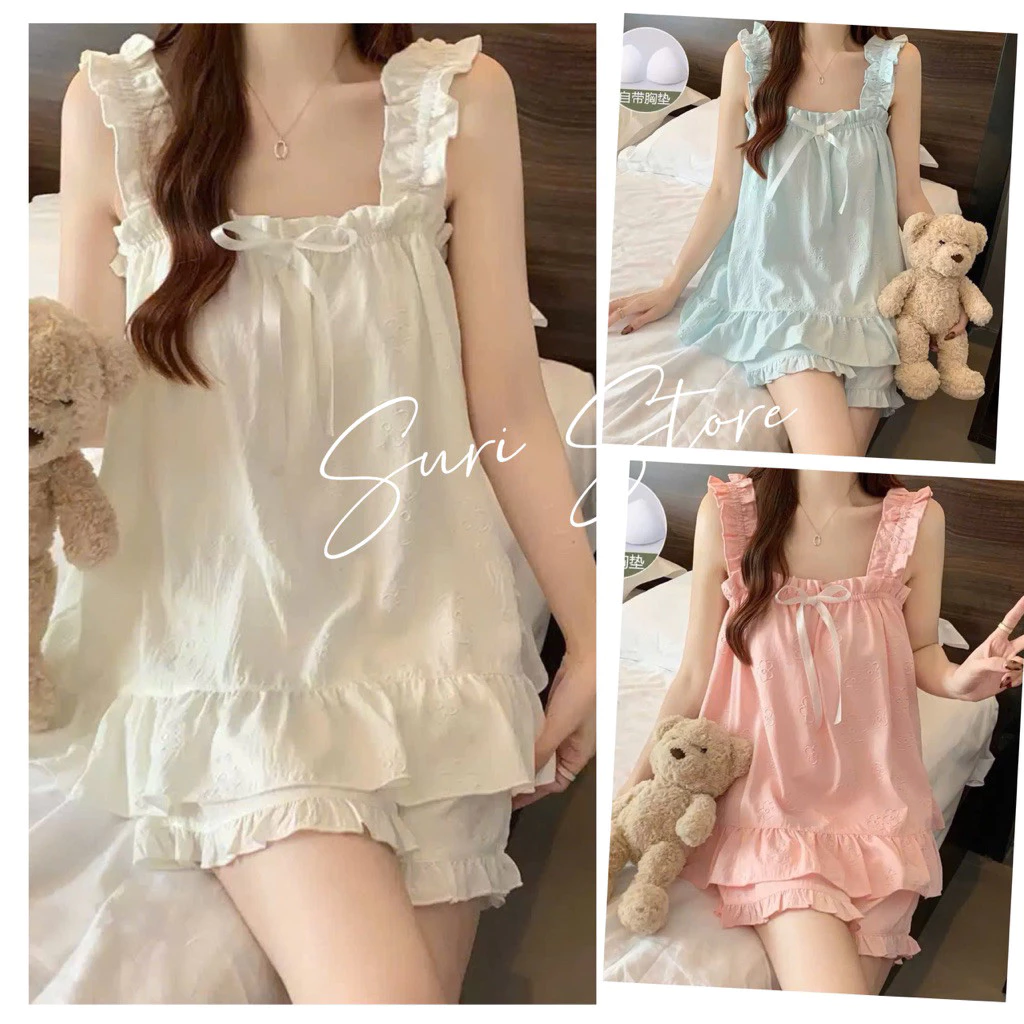 [Sẵn] Bộ pyjama babydoll vải dập hoa nổi dây áo bèo tiểu thư giấu bụng mềm mát BD06S26