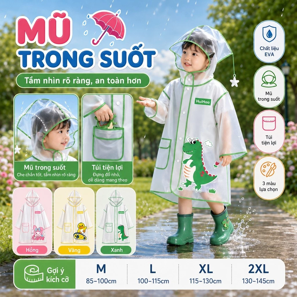 Áo mưa cho bé – Chống thấm tiện lợi, thiết kế dễ thương, phù hợp cho bé đi học an toàn