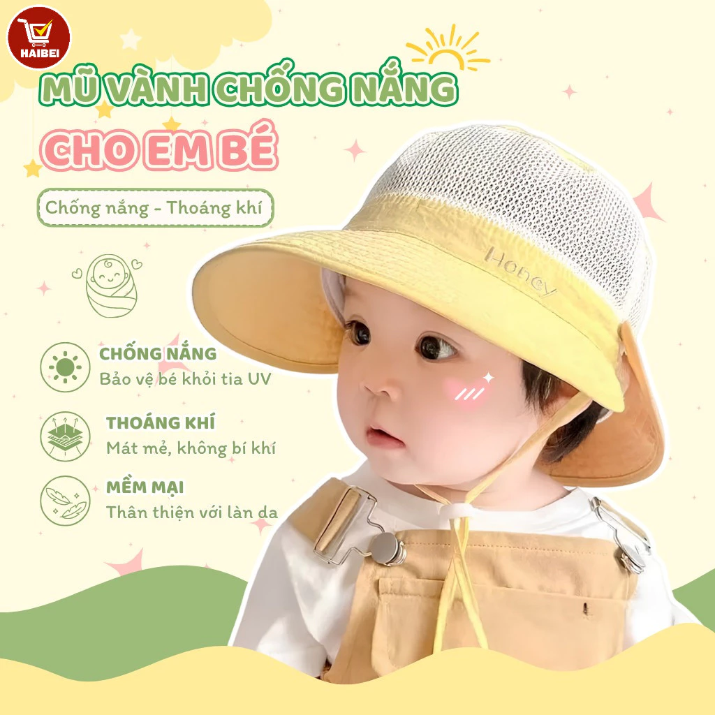 Mũ chống nắng cho trẻ em, thoáng khí và thoải mái, chống tia UV, phù hợp cho trẻ từ 6 đến 36 tháng tuổi.
