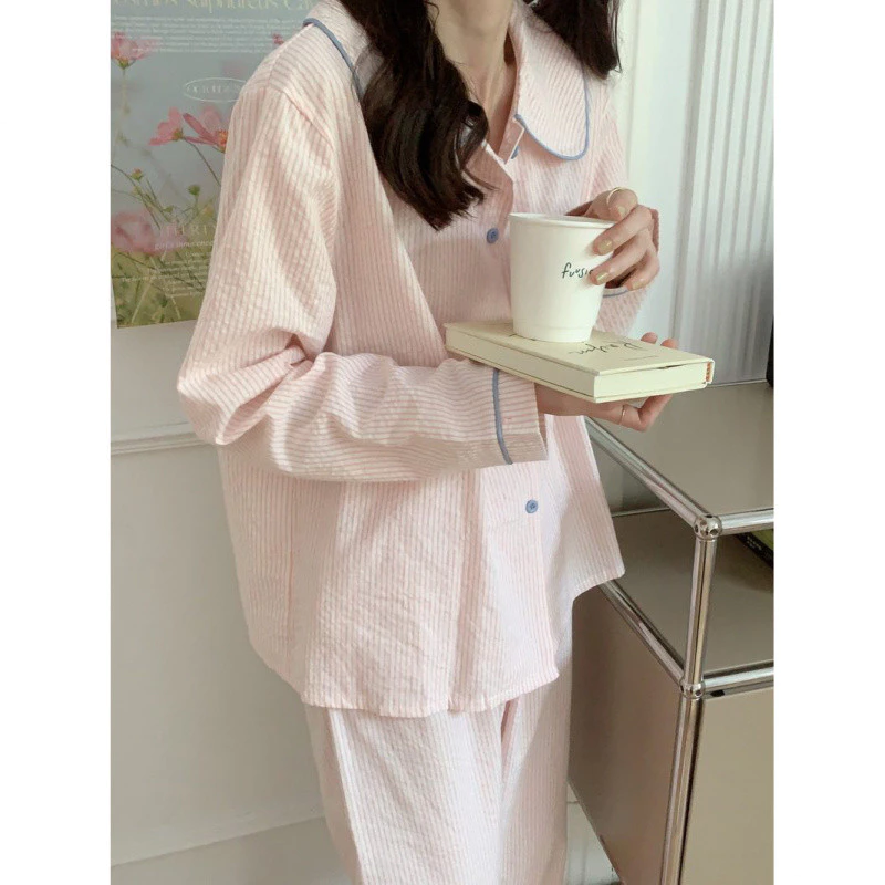 Bộ Đồ Ngủ Nữ Xuân Thu Sọc Dài Tay Đơn Giản Đồ Gia Đình