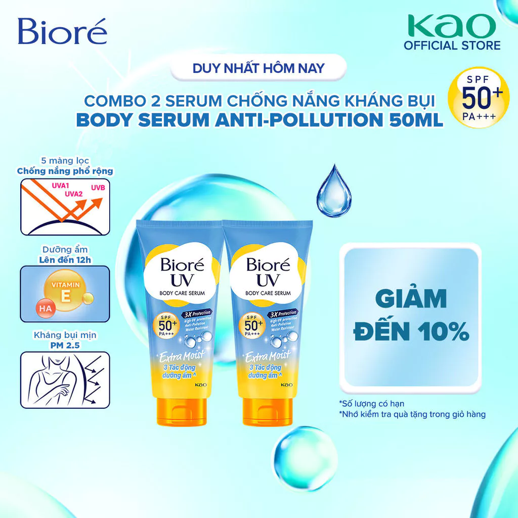 [Phiên Bản Cải Tiến] Combo 2 Biore UV Serum Chống Nắng Dưỡng Thể Kháng Bụi - Dưỡng Ẩm Vượt Trội SPF50+/PA+++ 50ml