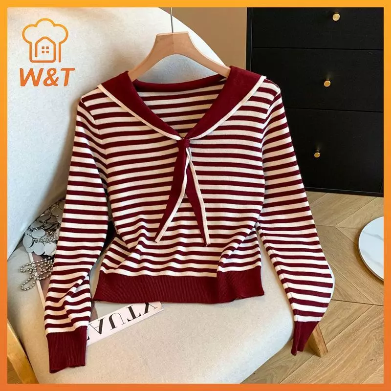 [W & T] Áo thun dài tay sọc phong cách Preppy dành cho nữ V-ne Áo dệt kim thông thường mới