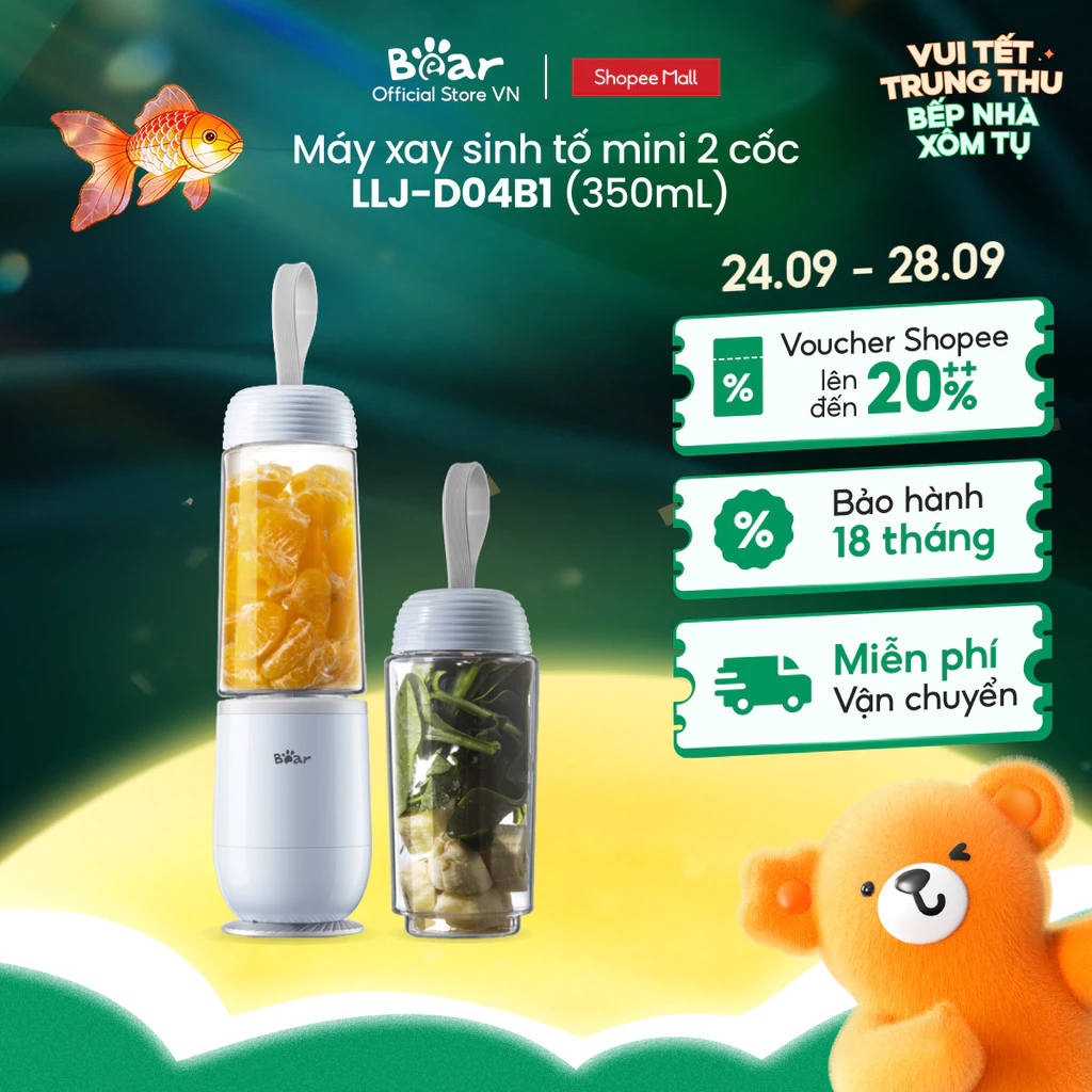 Máy Xay Sinh Tố Mini Cầm Tay Bear LLJ-D04B1, 2 Cốc x 350ML - Chính Hãng - BH 18 Tháng
