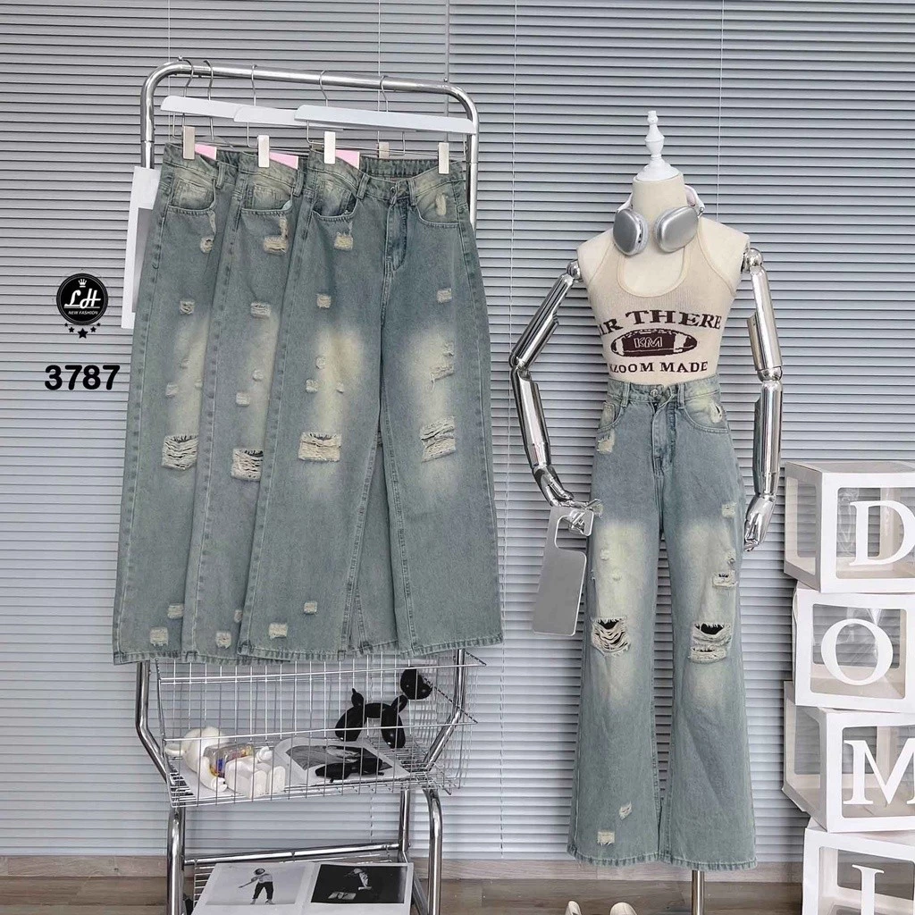 (Có big size )Quần jean ống rộng nữ rách tua rua màu xanh ngay gối cạp cao Lê Huy Fashion MS 3787