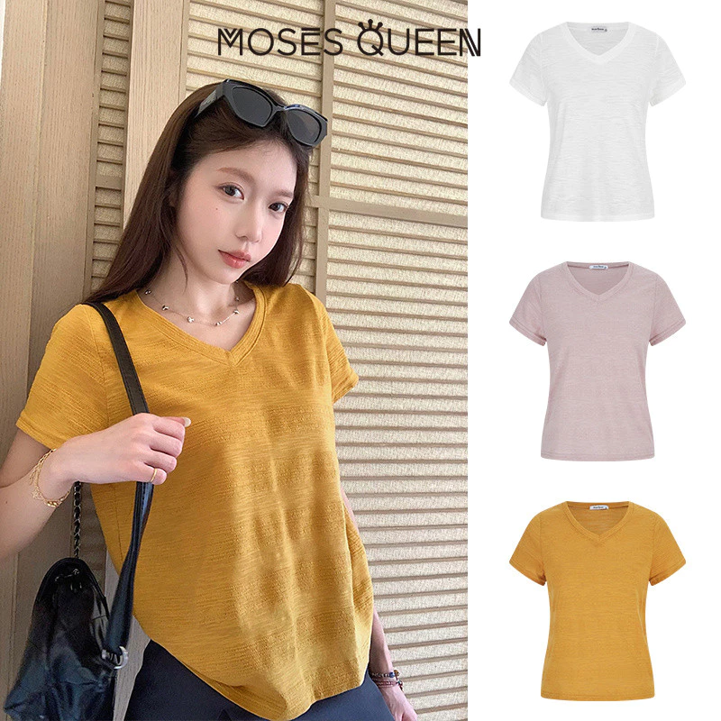 MOSESSQUEEN Áo thun ngắn tay cổ chữ V cổ chữ V màu trắng dành cho nữ, phong cách cơ bản, phiên bản Hàn Quốc, đa năng, nhẹ, rộng rãi, áo thường ngày #63905