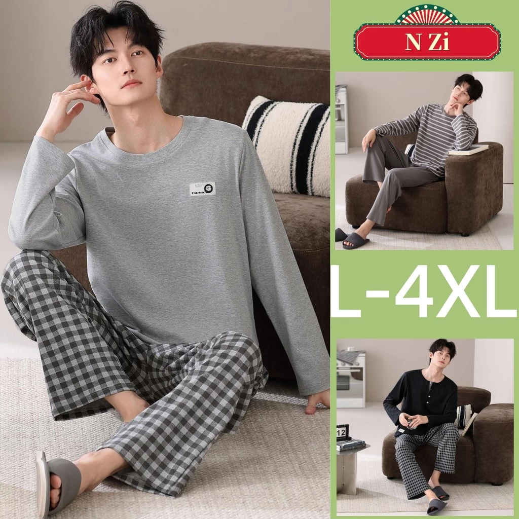 Plus Kích Thước Bộ Đồ Ngủ Nam 100% Cotton Bộ Đồ Ngủ Mùa Thu Đông Tay Dài Đồ Ngủ Người Rời Mặc Nhà L-4XL