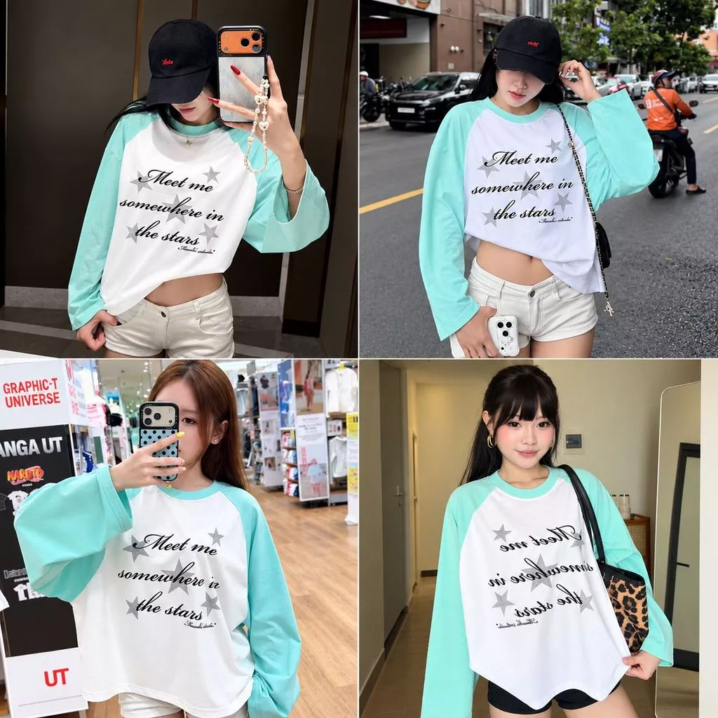 Áo Thun Raglan Tay Dài THE STARS Unisex, Áo Phông Boxy Phối Màu Tay Áo Form Rộng Oversize Hot Trend Hàn Quốc
