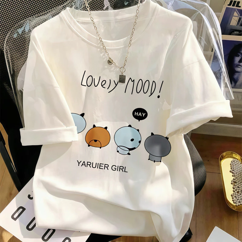 Áo Thun Nữ Màu Trắng In Hình Nhân Vật Hoạt Hình, Phong Cách Casual Hàng Ngày, Chất Cotton Mềm Mại, Form Rộng.