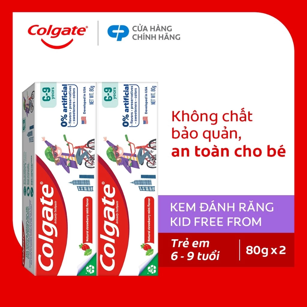 Bộ 2 Kem đánh răng Colgate Kid Free From cho bé 6-9 tuổi không chất bảo quản 80g