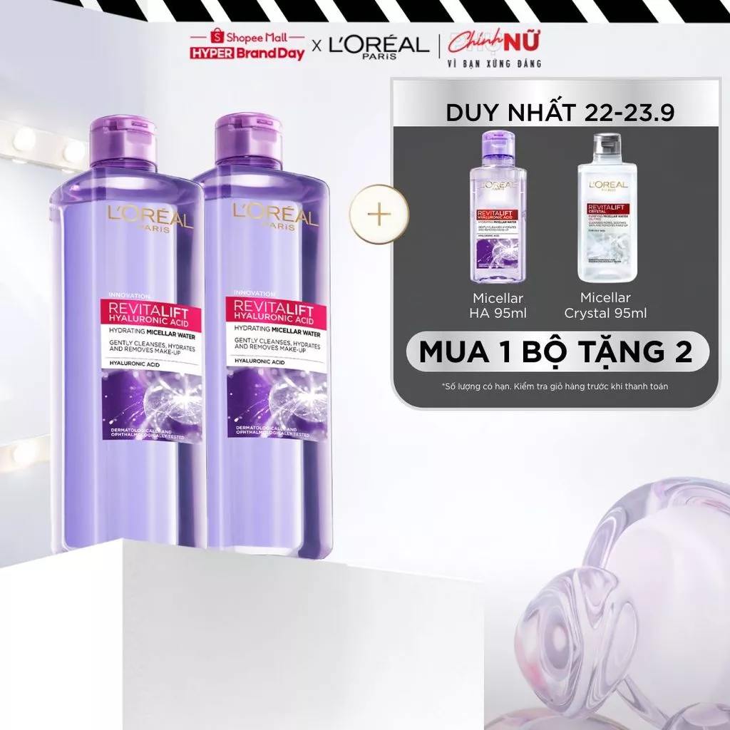 Bộ 2 nước tẩy trang cấp ẩm căng mịn da L'oreal Paris Hyaluronic Acid 400ml x 2