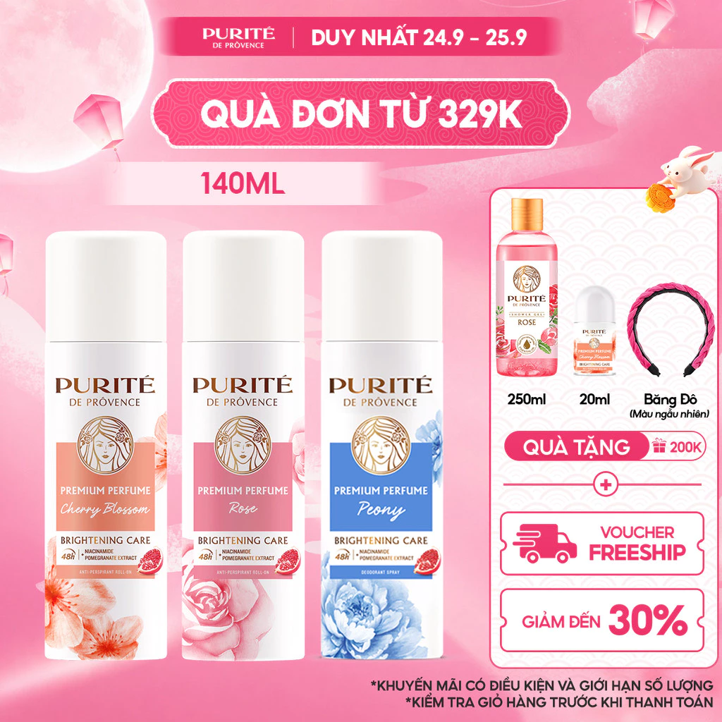 Xịt Khử Mùi Dưỡng Sáng PURITÉ Hương Nước Hoa Cao Cấp Hoa Anh Đào/Hoa Hồng/Hoa Mẫu Đơn 140ml