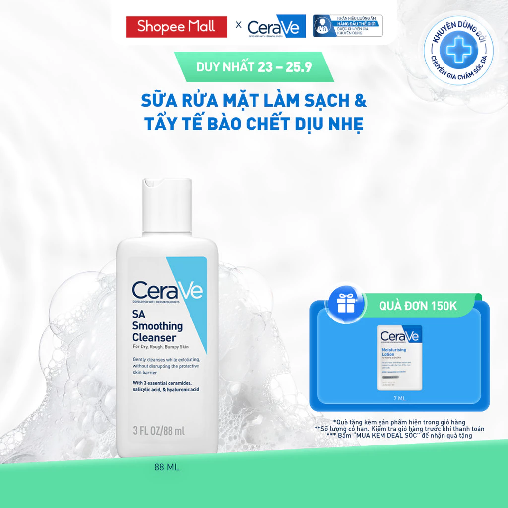 Sữa rửa mặt làm sạch da, loại bỏ dầu thừa và tẩy tế bào chết dịu nhẹ không gây khô da CeraVe SA Smoothing Cleanser 88ML