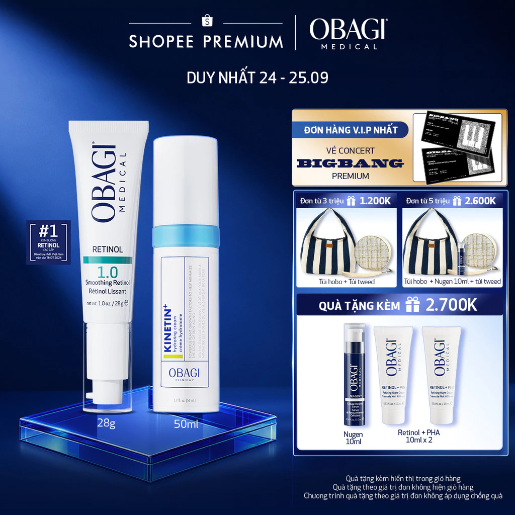 Bộ đôi Kem Dưỡng Đêm Obagi Retinol 1.0 (28g) và Kem dưỡng phục hồi Obagi Clinical Kinetin+ Hydrating Cream 50ml