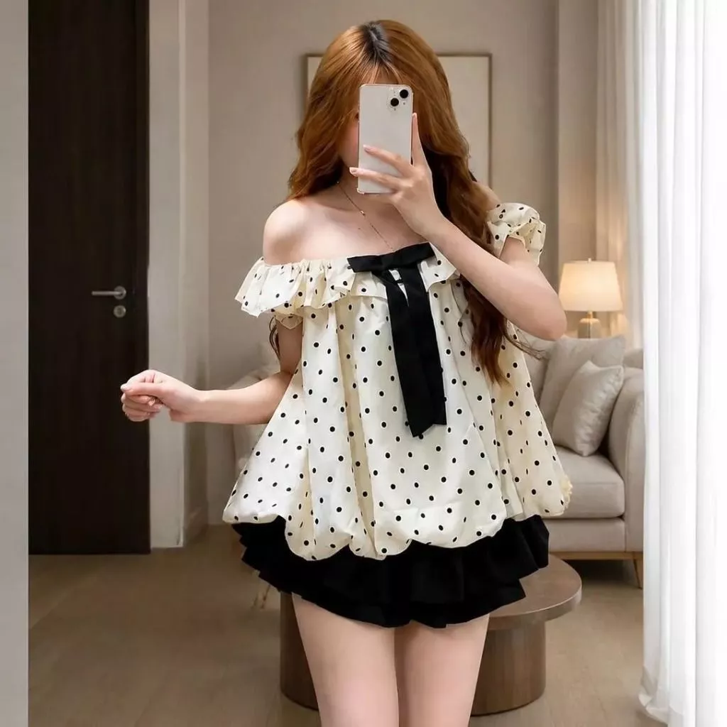 Áo Kiểu Trễ Vai Chấm Bi Đính Nơ Nữ, Áo Babydoll Tay Bồng Bèo Nhún Form Xòe Mặc Đi Chơi Hot Trend Hàn Quốc