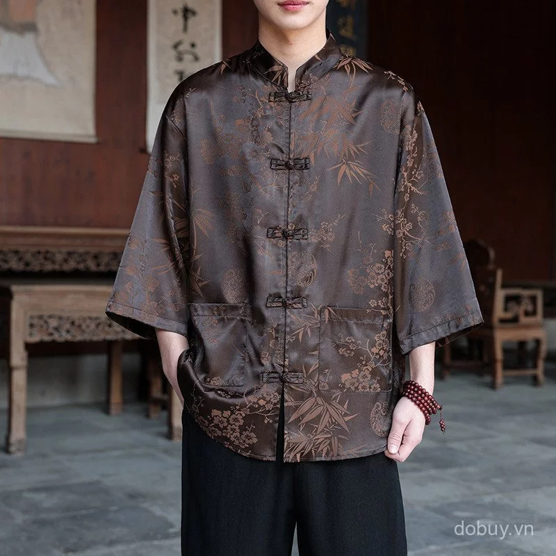 Áo sơ mi nam màu nâu sẫm tre mận Jacquard Tang, nút ếch cổ Mandarin Ba phần tư tay áo phương Đông thường ngày với túi vá đôi