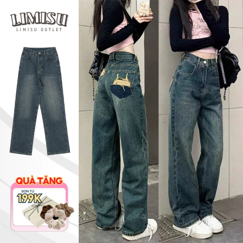 Quần Jean Ống Suông Rộng Nữ Chất Jean LIMISU, Quần Bò Ống Rộng Cạp Cao Ôm Eo Tôn Dáng Thiết Kế Túi Rách Sau Cá Tính JRS
