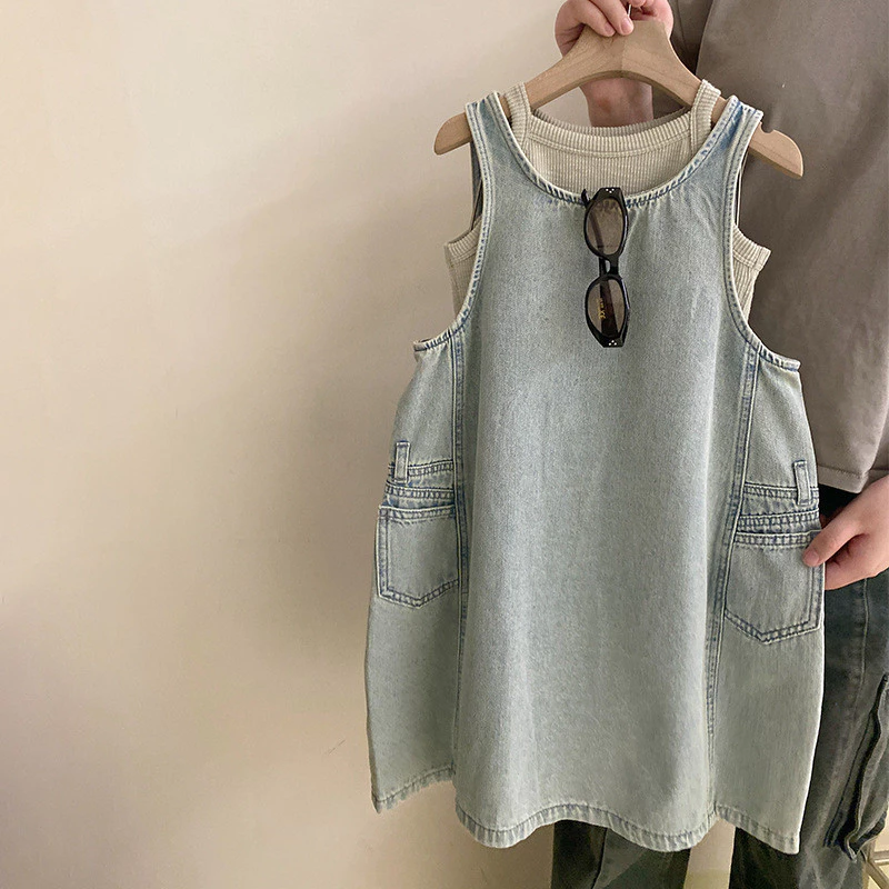 Bé Gái Mùa Hè Phong Cách Mới Phù Hợp Với Áo Vest 2026 Hợp Thời Trang Denim Áo Vest Bộ Hai Mảnh