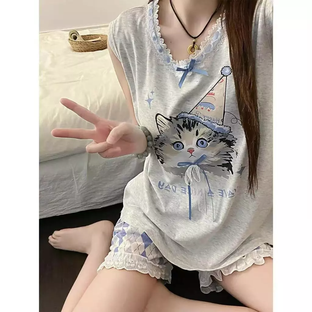 Bộ Đồ Ngủ Nữ Bộ Đồ Ngủ Mùa Hè Ánh Sáng Thoải Mái Có Thể Thở Tốt Quần Short Không Tay Bộ 2 Món Có Thể Mặc Bên Ngoài Hoạt Hình Dễ Thương Homewear