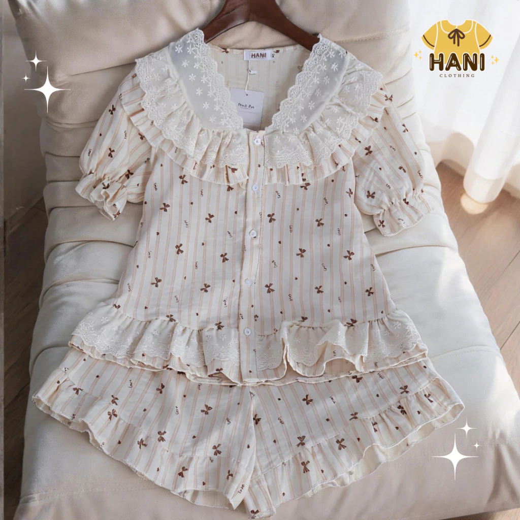 Bộ Đồ Ngủ Nữ Pijama Chất Đũi Vân Mây Tiểu Thư HANI Thiết Kế Babydoll Đáng Yêu Chất Mềm Mịn Mát HK07