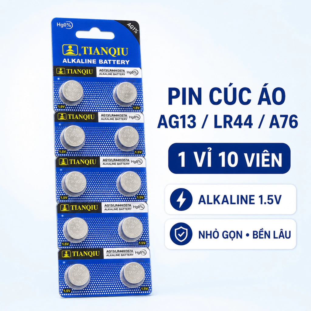1 Vỉ 10 Viên Pin AG13, LR44, A76 Alkaline - Nhỏ Gọn, Bền Lâu, Đáng Tin Cậy