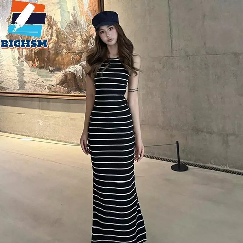 [BIGHSM] Đầm Vest dài không tay sọc phong cách Ins mới đi biển Vaion Váy dệt kim dáng rộng dài gợi cảm
