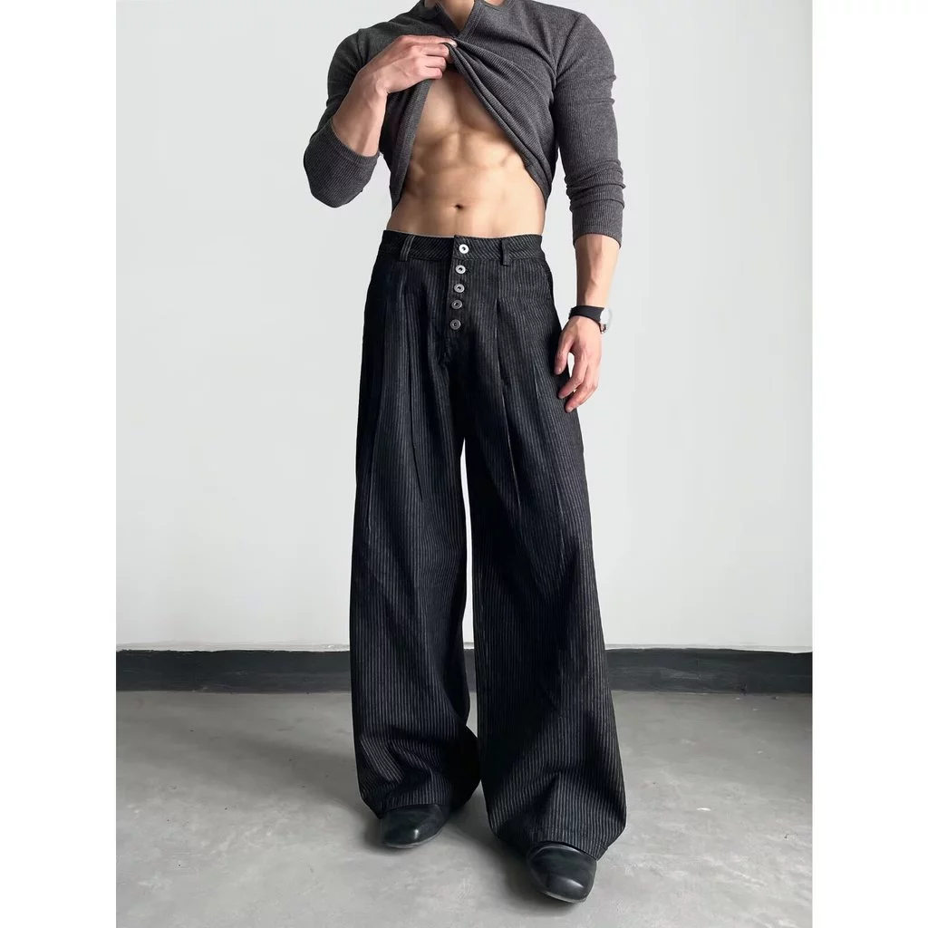 Eo Cao Đen Xám Dọc Sọc Ống Rộng loe Quần Nam Nữ, Placket Thiết Kế Nhiều Nút