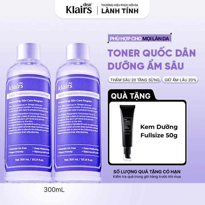 Combo 2 Nước hoa hồng Dear, Klairs Supple Preparation Unscented Toner hỗ trợ cấp ẩm 300ml [FS]
