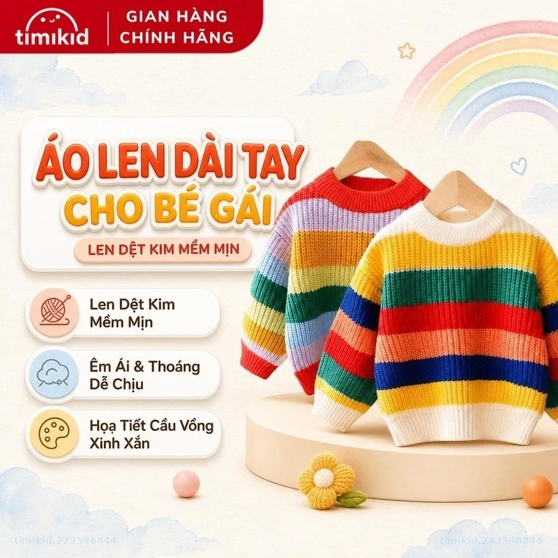 Áo Len Dài Tay Cho Bé Gái Họa Tiết Cầu Vồng - Len Dệt Kim Mềm Mịn - Link Card