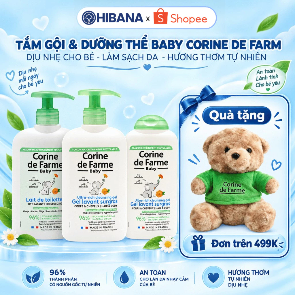 Gel Tắm Gội & Dưỡng Thể Trẻ Em Corin De Farme, Làm Sạch Da Bé, Hương Thơm Tự Nhiên Dịu Nhẹ Làn Da