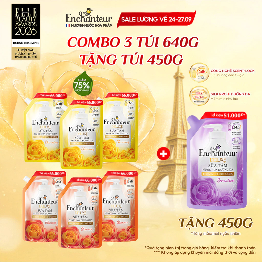 [TẶNG TÚI 450G] Combo 3 Túi Refill Sữa Tắm Nước Hoa Dưỡng Da Thơm Mịn Lưu Hương Enchanteur 640g x3