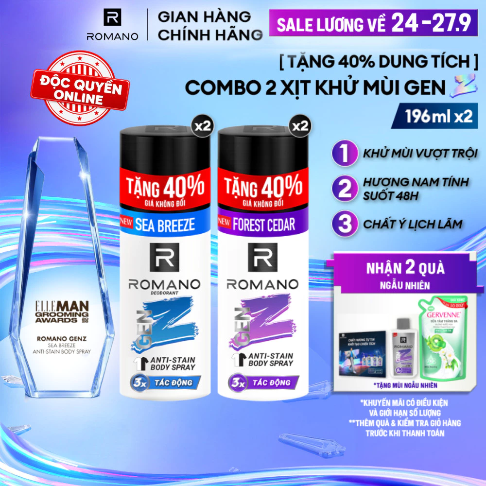 [Tặng 40% dung tích] Combo 2 Xịt khử mùi cho nam ngăn vệt ố vàng Romano Gen Z (196ml x 2)