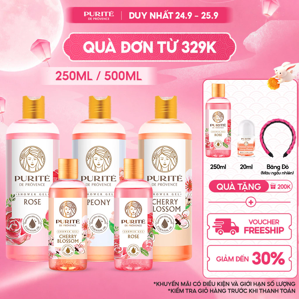 [BAO BÌ MỚI] Sữa Tắm Thiên Nhiên PURITÉ Hương Hoa Anh Đào/Hoa Hồng/Hoa Mẫu Đơn 250ml & 500ml