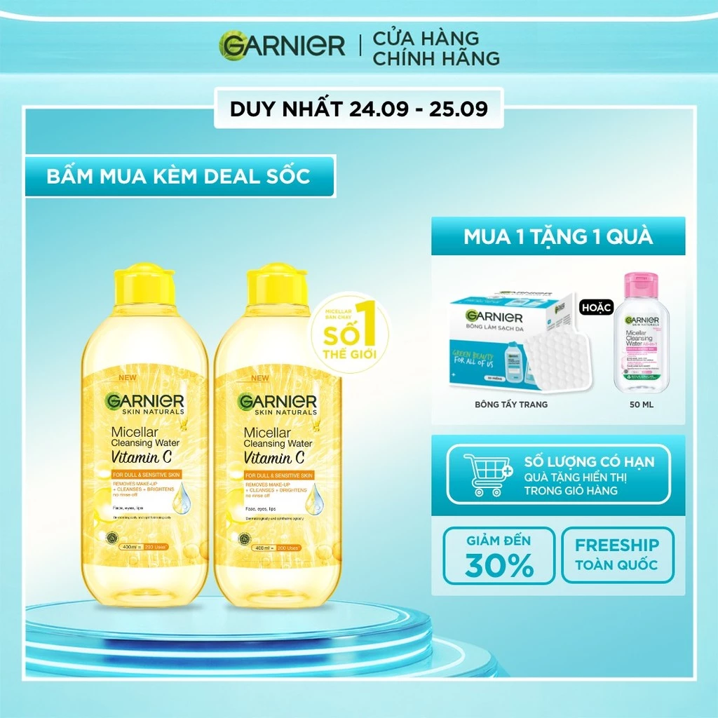 Bộ 2 nước làm sạch và tẩy trang dưỡng sáng da Garnier Micellar Water Vitamin C 400ml x 2