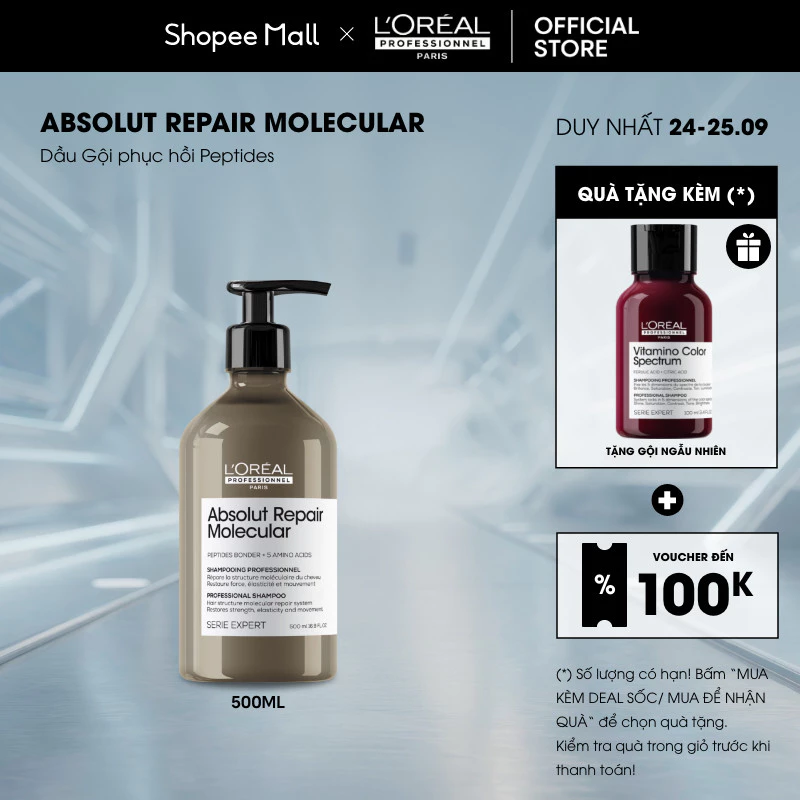 Dầu Gội phục hồi Peptides chuyên nghiệp cho tóc hư tổn L'Oréal Professionnel Absolut Repair Molecular 500ml
