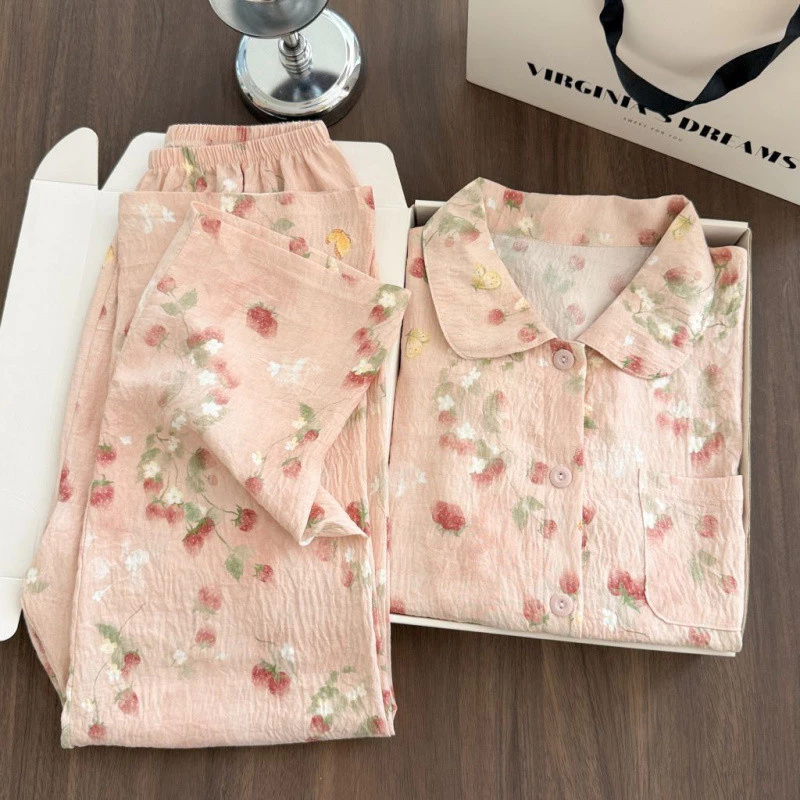 Mùa Xuân Thu Ngọt Ngào Bộ Đồ Ngủ Nữ Cổ Búp Bê Mỏng Mây Cotton Dài Tay Rời Loungewear