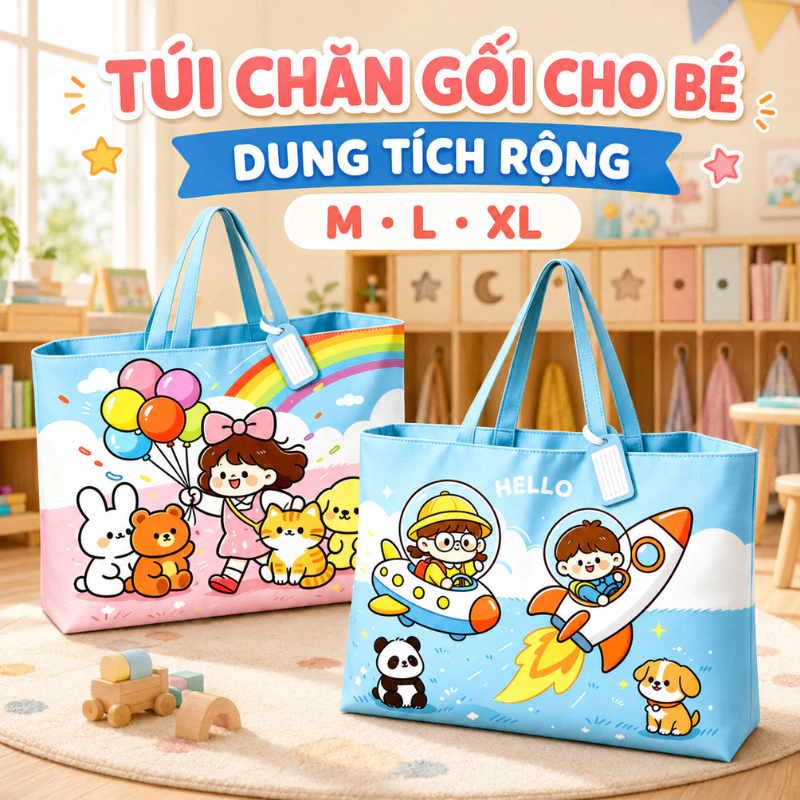Túi Đựng Đồ Mẫu Giáo Cho Bé Họa Tiết Hoạt Hình Chống Nước Túi Xách Đựng Chăn Gối Đa Năng