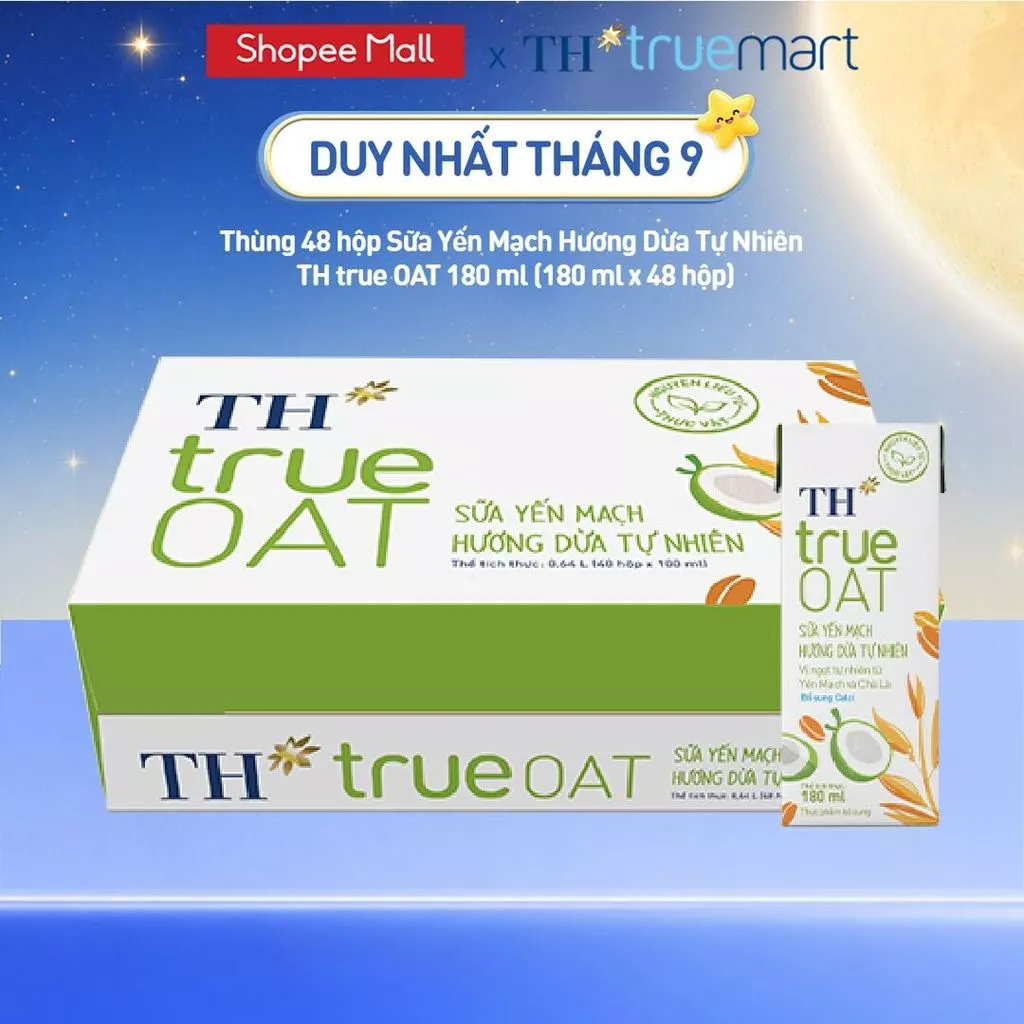 [LIVESTREAM] Thùng 48 hộp Sữa Yến Mạch Hương Dừa Tự Nhiên TH true OAT 180ml (180 ml x 48)