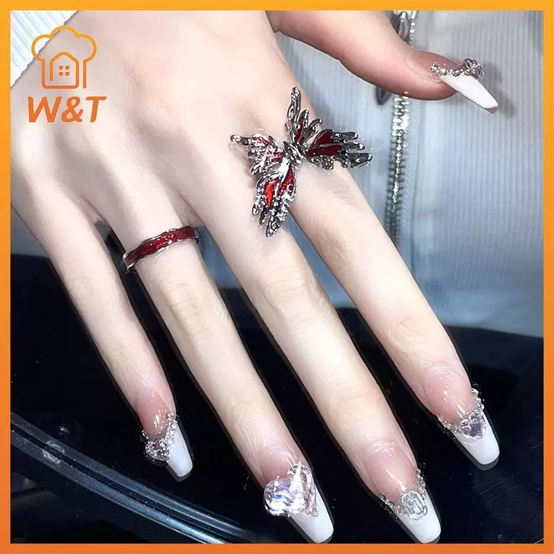[W & T] Punk Gothic Nhẫn Bướm Đỏ Vintage Ánh Sáng Sang Trọng Mở Nhẫn Ngón Tay Có Thể Điều Chỉnh Phong Cách Pháp Cá Tính Dự Tiệc Món Quà Trang Sức Mới
